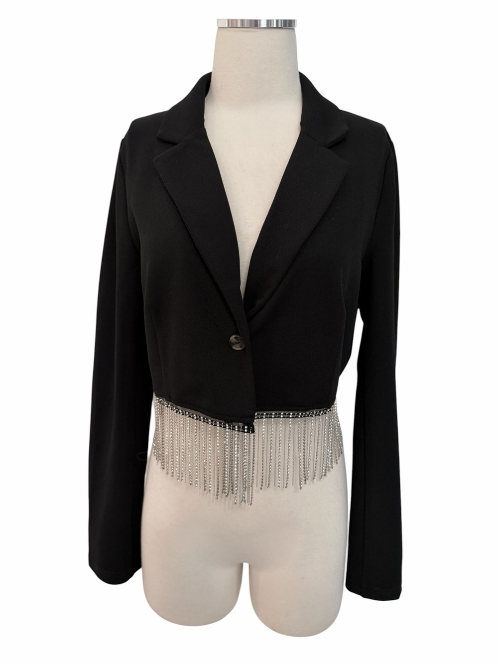 ANTHRO Sincerely Jules Black Cropped Blazer with Rhinestone Fringe Trim Sz M - Picture 3 of 9
